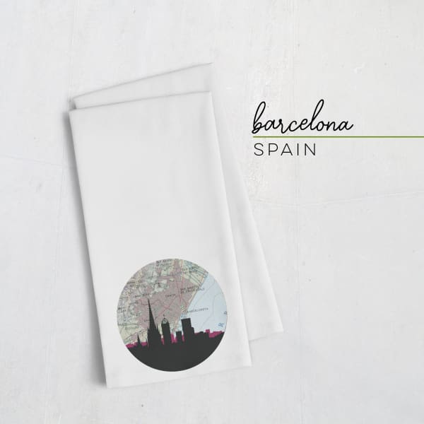 Barcelona city skyline with vintage Barcelona map - Tea Towel - City Map Skyline
