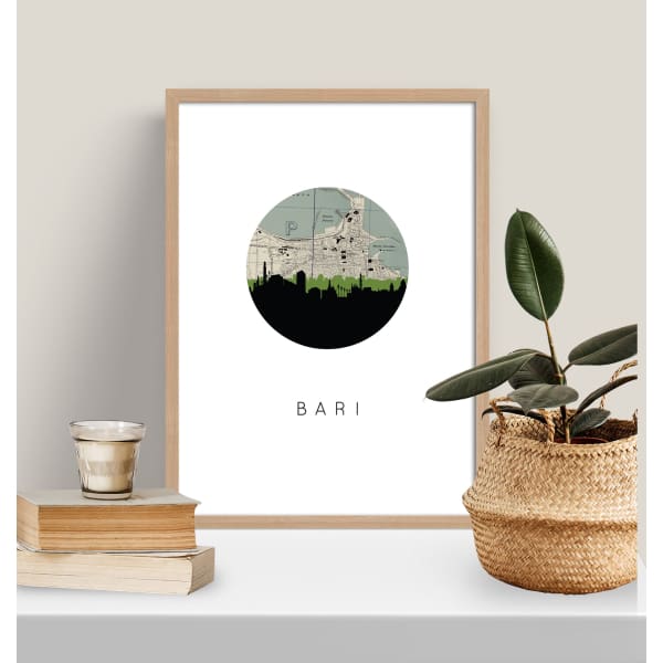 Bari Italy city skyline with vintage Bari map - 5x7 Unframed Print - City Map Skyline