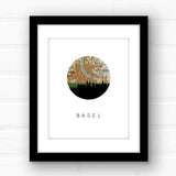 Basel Switzerland city skyline with vintage Basel map - 5x7 FRAMED Print - City Map Skyline