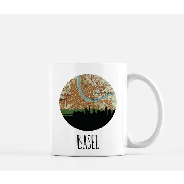 Basel Switzerland city skyline with vintage Basel map - Mug | 11 oz - City Map Skyline