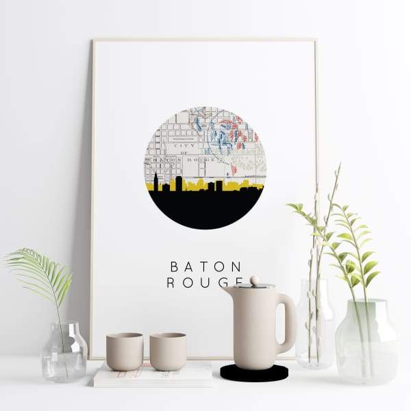 Baton Rouge Louisiana city skyline with vintage Baton Rouge map - 5x7 Unframed Print - City Map Skyline