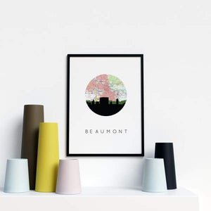 Beaumont Texas city skyline with vintage Beaumont map - 5x7 Unframed Print - City Map Skyline