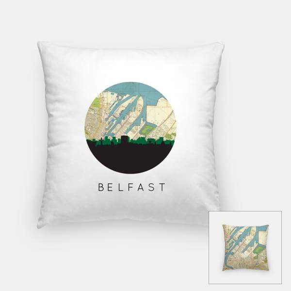 Belfast city skyline with vintage Belfast map - Pillow | Square - City Map Skyline