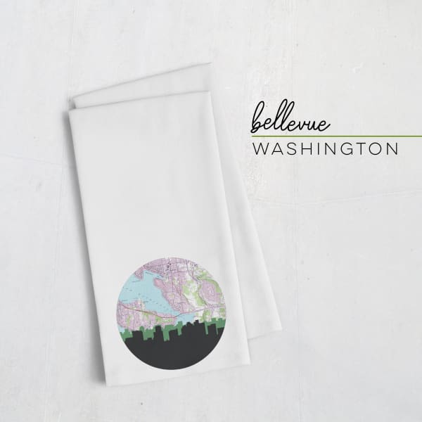 Bellevue Washington city skyline with vintage Bellevue map - Tea Towel - City Map Skyline