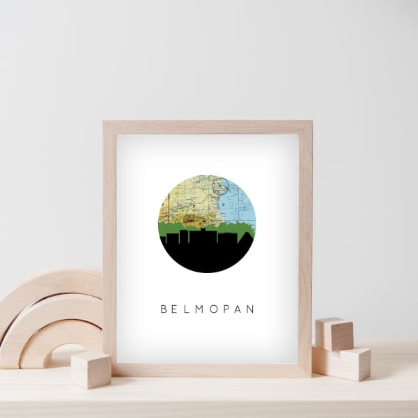 Belmopan Belize city skyline with vintage Belmopan map - 5x7 Unframed Print - City Map Skyline