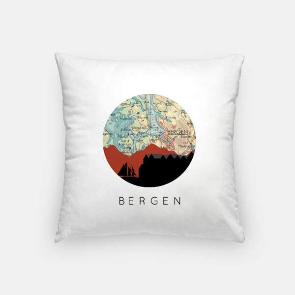 Bergen city skyline with vintage Bergen map - Pillow | Square - City Map Skyline