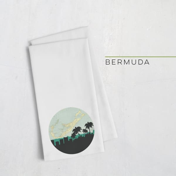 Bermuda skyline with vintage Bermuda map - Tea Towel - City Map Skyline