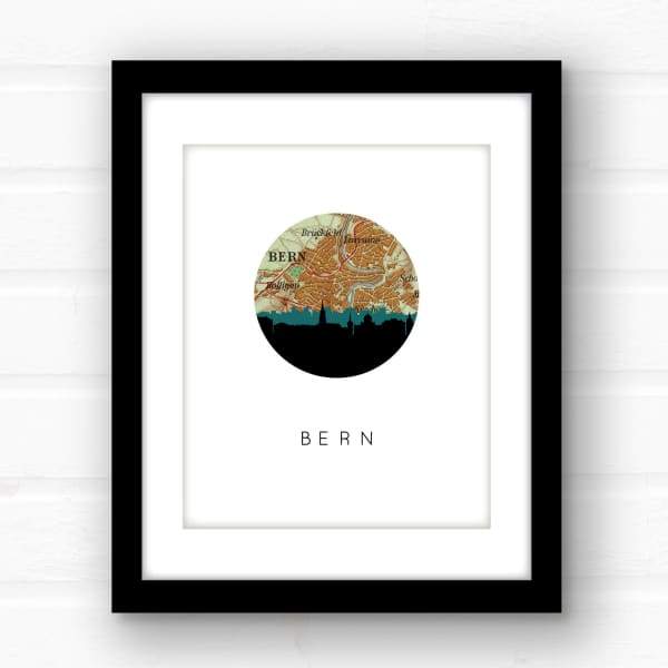 Bern city skyline with vintage Bern map - 5x7 FRAMED Print - City Map Skyline