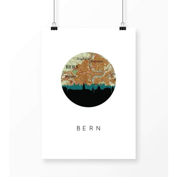 Bern city skyline with vintage Bern map - 5x7 Unframed Print - City Map Skyline