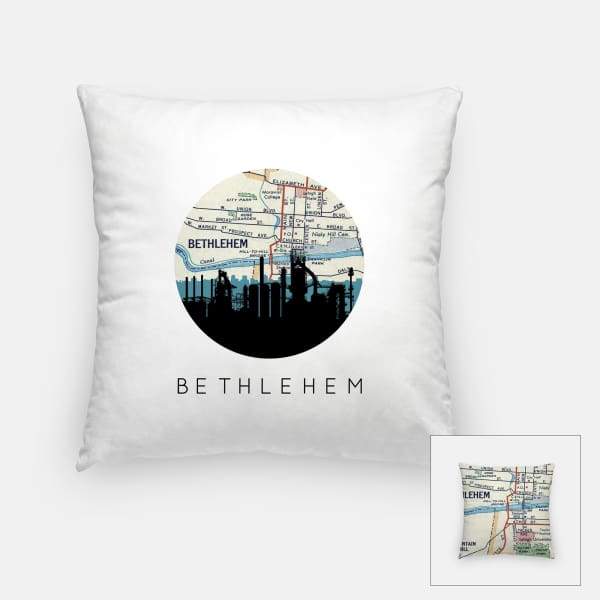 Bethlehem Pennsylvania city skyline with vintage Bethlehem map - Pillow | Square - City Map Skyline