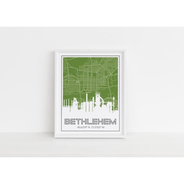 Bethlehem steel stacks city map and city coordinates - 5x7 Unframed Print / OliveDrab - Road Map and Skyline
