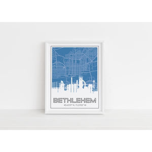 Bethlehem steel stacks city map and city coordinates - 5x7 Unframed Print / SteelBlue - Road Map and Skyline