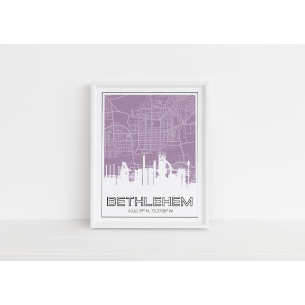 Bethlehem steel stacks city map and city coordinates - 5x7 Unframed Print / Thistle - Road Map and Skyline
