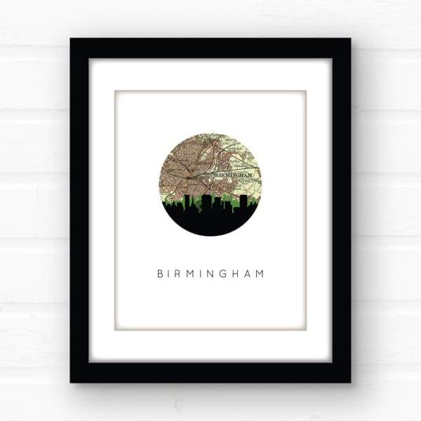Birmingham England city skyline with vintage Birmingham map - 5x7 FRAMED Print - City Map Skyline