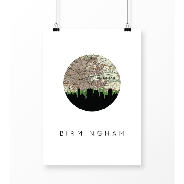 Birmingham England city skyline with vintage Birmingham map - 5x7 Unframed Print - City Map Skyline