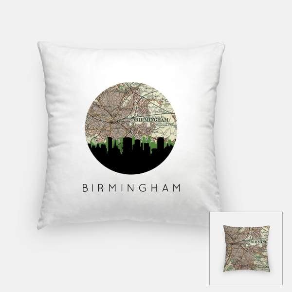 Birmingham England city skyline with vintage Birmingham map - Pillow | Square - City Map Skyline