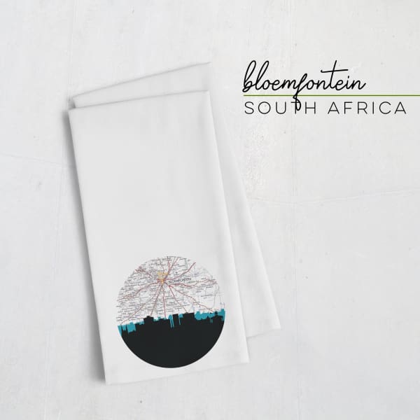 Bloemfontein South Africa city skyline with vintage Bloemfontein map - Tea Towel - City Map Skyline