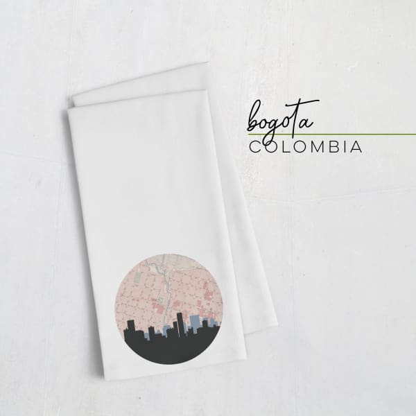 Bogota Colombia city skyline with vintage Bogota map - Tea Towel - City Map Skyline