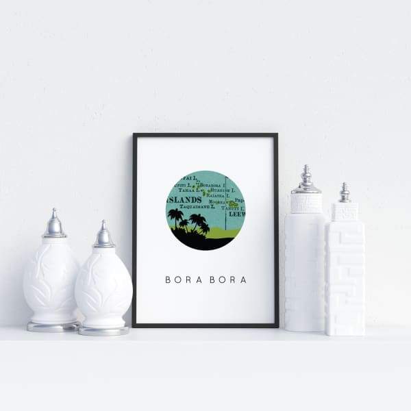 Bora Bora French Polynesia city skyline with vintage Bora Bora map - 5x7 Unframed Print - City Map Skyline