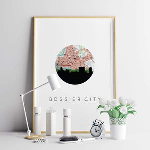Bossier City Louisiana city skyline with vintage Bossier City map - 5x7 Unframed Print - City Map Skyline