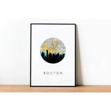 Boston Massachusetts city skyline with vintage Boston map - 5x7 Unframed Print - City Map Skyline