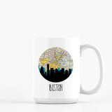 Boston Massachusetts city skyline with vintage Boston map - Mug | 15 oz - City Map Skyline
