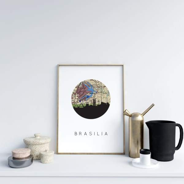 Brasilia Brazil city skyline with vintage Brasilia map - City Map Skyline
