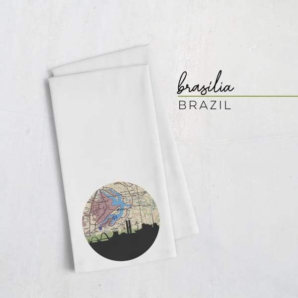 Brasilia Brazil city skyline with vintage Brasilia map - Tea Towel - City Map Skyline