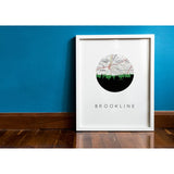 Brookline Massachusetts city skyline with vintage Brookline map - City Map Skyline
