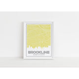 Brookline Massachusetts skyline and map art print with city coordinates - 5x7 Unframed Print / Khaki - Road Map and Skyline