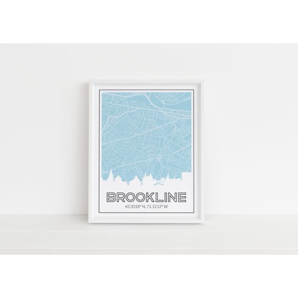 Brookline Massachusetts skyline and map art print with city coordinates - 5x7 Unframed Print / LightBlue - Road Map and Skyline