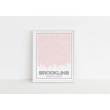 Brookline Massachusetts skyline and map art print with city coordinates - 5x7 Unframed Print / MistyRose - Road Map and Skyline