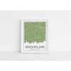 Brookline Massachusetts skyline and map art print with city coordinates - 5x7 Unframed Print / OliveDrab - Road Map and Skyline