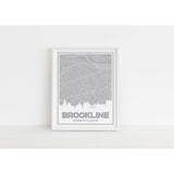 Brookline Massachusetts skyline and map art print with city coordinates - 5x7 Unframed Print / Silver - Road Map and Skyline