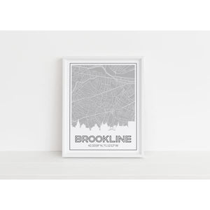 Brookline Massachusetts skyline and map art print with city coordinates - 5x7 Unframed Print / Silver - Road Map and Skyline