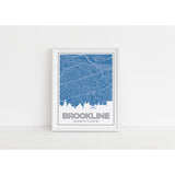 Brookline Massachusetts skyline and map art print with city coordinates - 5x7 Unframed Print / SteelBlue - Road Map and Skyline