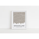 Brookline Massachusetts skyline and map art print with city coordinates - 5x7 Unframed Print / Tan - Road Map and Skyline