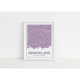 Brookline Massachusetts skyline and map art print with city coordinates - 5x7 Unframed Print / Thistle - Road Map and Skyline