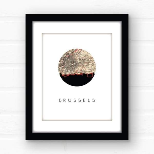 Brussels city skyline with vintage Brussels map - City Map Skyline