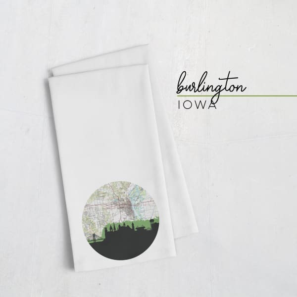 Burlington Iowa city skyline with vintage Burlington map - Tea Towel - City Map Skyline
