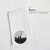 Busan South Korea city skyline with vintage Busan map - Tea Towel - City Map Skyline