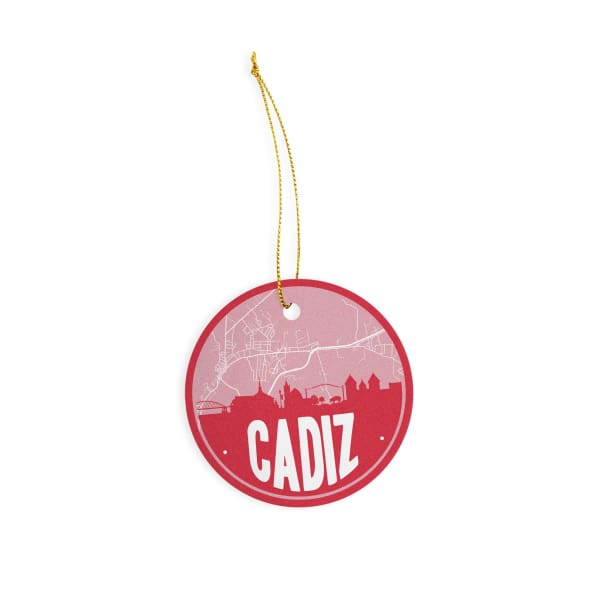 Cadiz Kentucky skyline and city map design | in multiple colors - Ornament / Red - City Road Maps