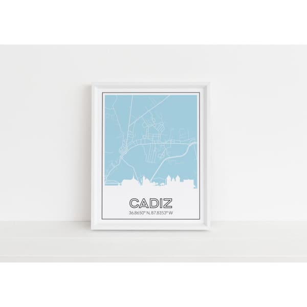 Cadiz Kentucky skyline and map art print with city coordinates - 5x7 Unframed Print / LightBlue - Road Map and Skyline