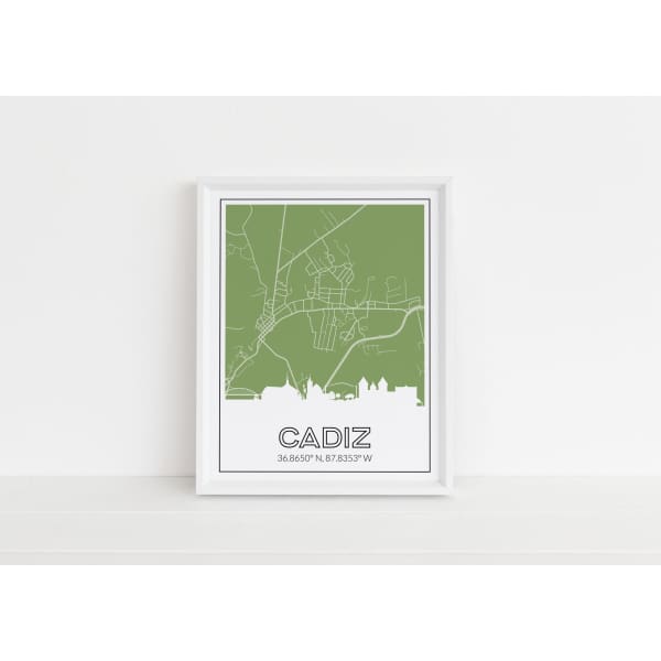Cadiz Kentucky skyline and map art print with city coordinates - 5x7 Unframed Print / OliveDrab - Road Map and Skyline