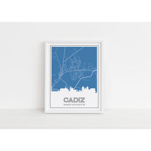 Cadiz Kentucky skyline and map art print with city coordinates - 5x7 Unframed Print / SteelBlue - Road Map and Skyline