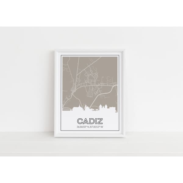 Cadiz Kentucky skyline and map art print with city coordinates - 5x7 Unframed Print / Tan - Road Map and Skyline