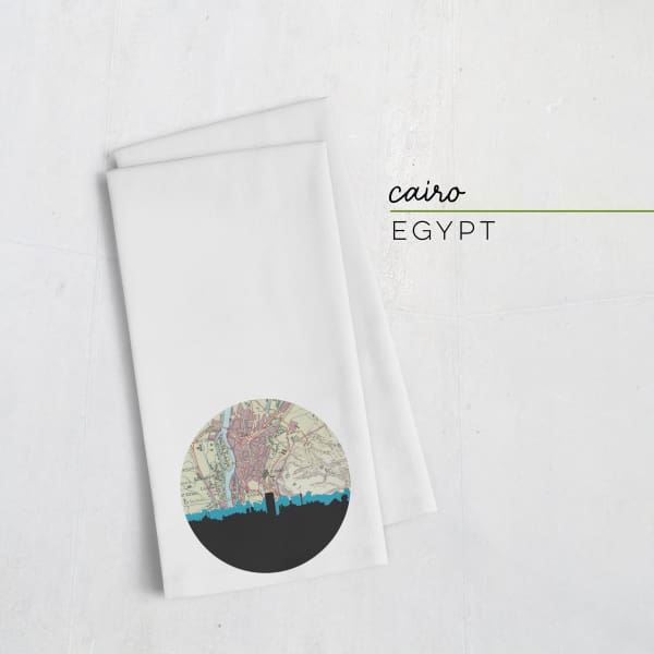 Cairo Egypt city skyline with vintage Cairo map - Tea Towel - City Map Skyline