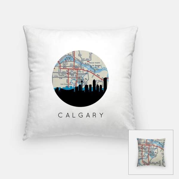 Calgary Alberta city skyline with vintage Calgary map - Pillow | Square - City Map Skyline