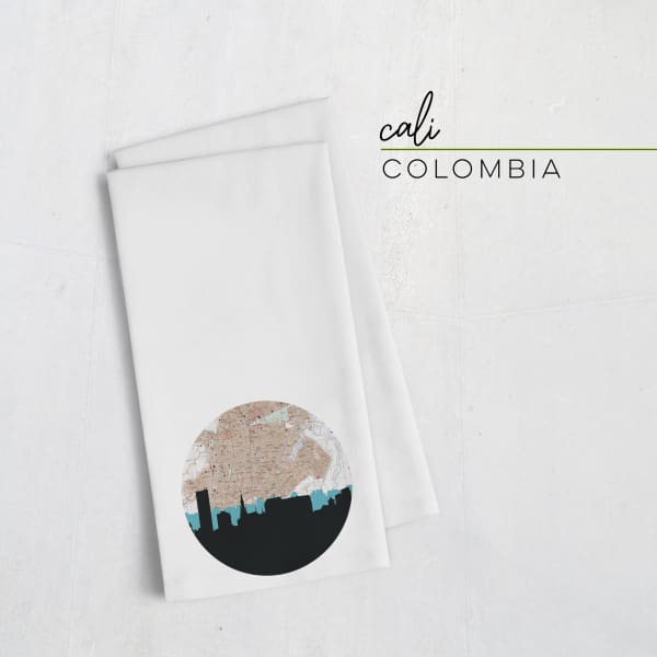 Cali Colombia city skyline with vintage Cali map - Tea Towel - City Map Skyline