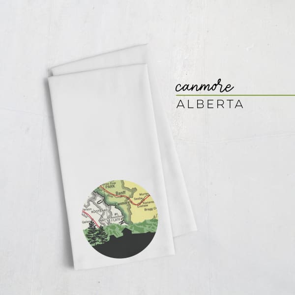 Canmore Alberta city skyline with vintage Canmore map - Tea Towel - City Map Skyline